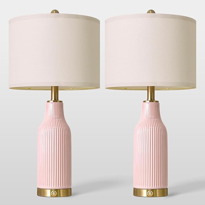 24.5" Modern 3-Way Dimmable Touch Control with 5FT Cord & USB A+C Ceramic Lamps Set of 2 Table Lamp for Living Room Bedroom Farmhouse Nightstand Bedside Pink