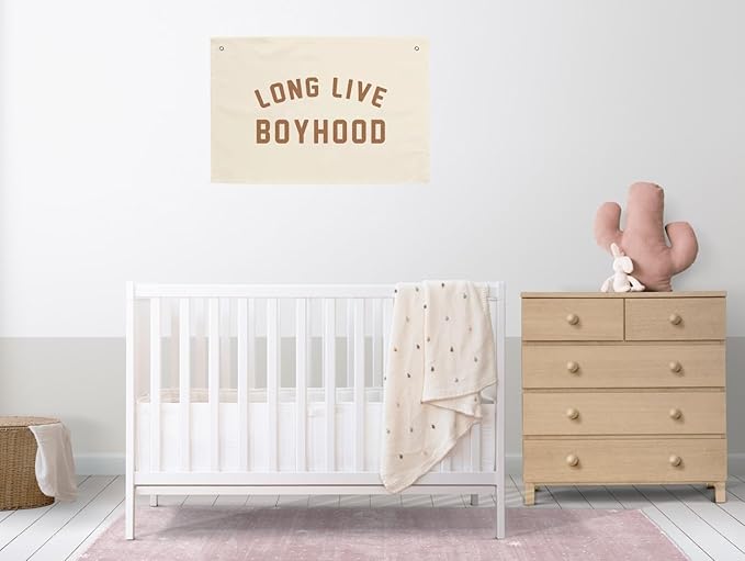 MINI ZOZI Long Live Boyhood Hanging Flag 20X30 Banners Orange Canvas Wall Decor Art Sign Boys Room Boy Bedroom Banner Toddler Playroom Baby Kids Nursery Fabric Flags Tapestry