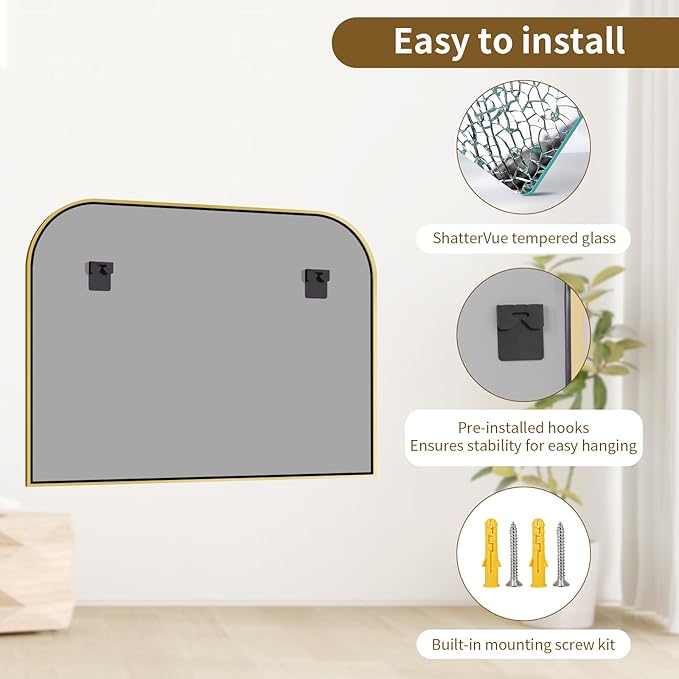 Gold Wall Mounted Bathroom Mirror - 48 x 30 Inch Round Cruved Top Right Angle Bottom Wall Mirror, Aluminum Metal Framed, Decor for Living Room, Bedroom, Fireplace, Mantle, Entryway