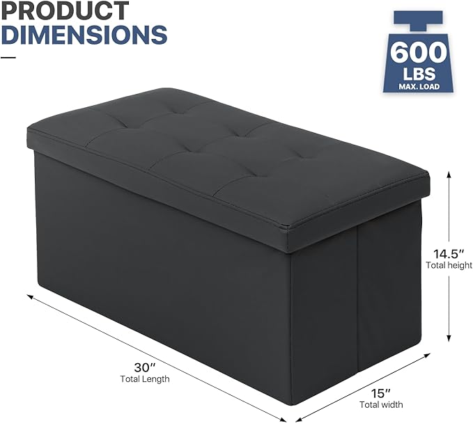 MoNiBloom 30 Inch Storage Ottoman Bench, 24 Gal. Folding Ottoman Footrest, End of Bed Bench, Rectangle Foot Stool, Supports 600 lbs, for Bedroom, Living Room, Entryway, Hallway, Black