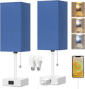 Table Lamp for Bedroom set of 2,3-Color Bedside Lamps with Pull Chain Table Lamps for Nightstand with AC Outlets,Small Night Light Lamps with 2 Bulbs Lamps for Living Room Kids Room Office Decor（Blue）