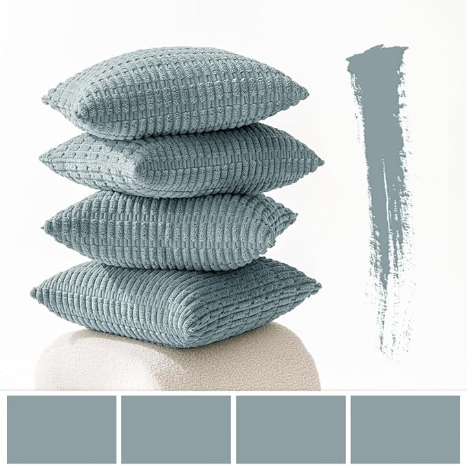 MIULEE Pack of 4 Smoke Blue Corduroy Decorative Throw Pillow Covers 18x18 Inch Soft Boho Striped Pillow Covers Modern Farmhouse Home Decor for Sofa Living Room Couch Bed