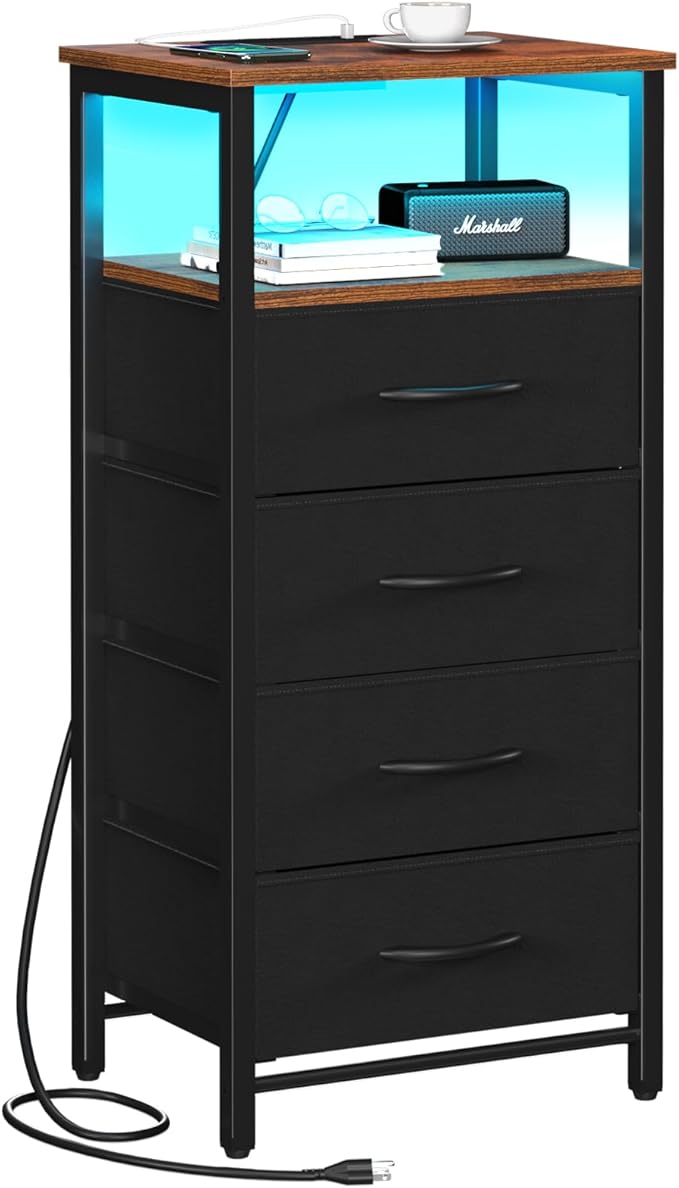Yoobure Night Stand - LED Nightstand with Charging Station, Tall Dresser for Bedroom, Bedside Table with 4 Fabric Storage Drawers and Storage Shelf, End Table with USB Ports and Outlets