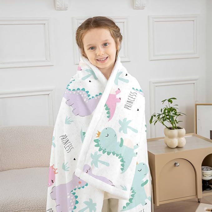 Erosebridal Dinosaur Blanket Throw - Pink Purple Dinos Cartoon Fleece - 40"x50" - Kids Girls - Modern Design - Machine Washable - Sherpa Blanket for Kids Room Decor
