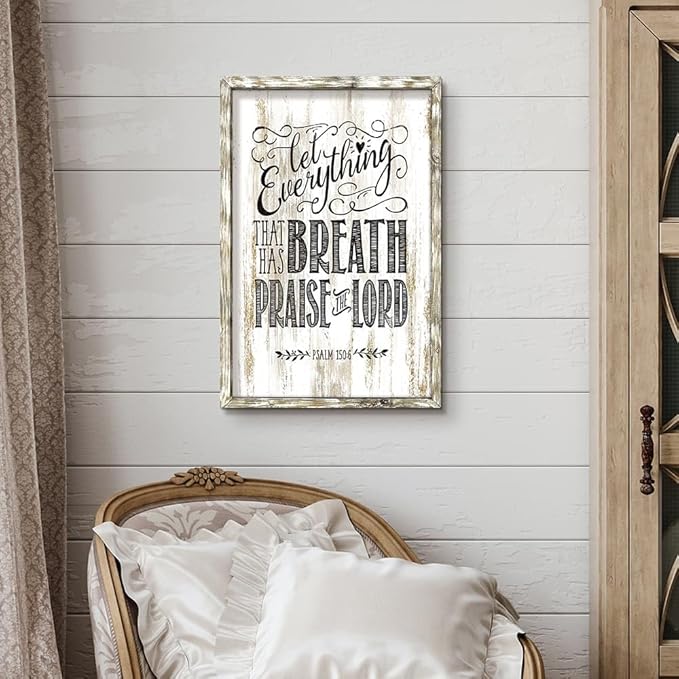 Farmhouse Bible Verses Wall Art: Christian Scripture Wood Framed Decor Rustic Psalm 150-6 Religious Sayings Print Artwork Inspirational Lord Sign Picture for Country Home Living Room