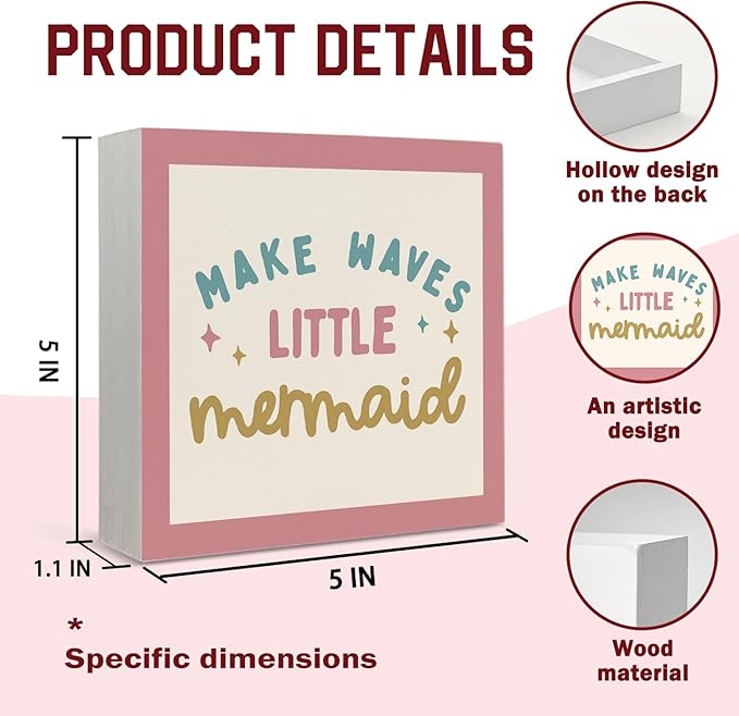 Lacama Mermaid Girls Room Decor Wooden Box Sign, Ocean Nursery Decorations Wood Block Signs, Make Waves Little Mermaid Wood Sign for Baby Little Girls Room Bedroom Desk Shelf Wall Decor 5x5 Inches