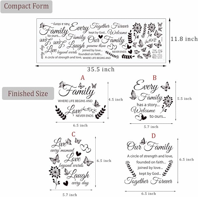 4 Set Family Stickers Vinyl Quote Decals Family Lettering Decals Inspirational Saying Stickers Wall Decor for Living Bedroom Wall Decorations