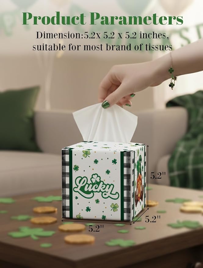 St.Patrick's Day Napkin Tissue Box Cover, Buffalo Plaid Shamrock Gnome Waterproof Leather Paper Organizer Dispenser for Table Dining, Bathroom, Nightstand Vanity, Car, Housewarming Gift Ideas, C