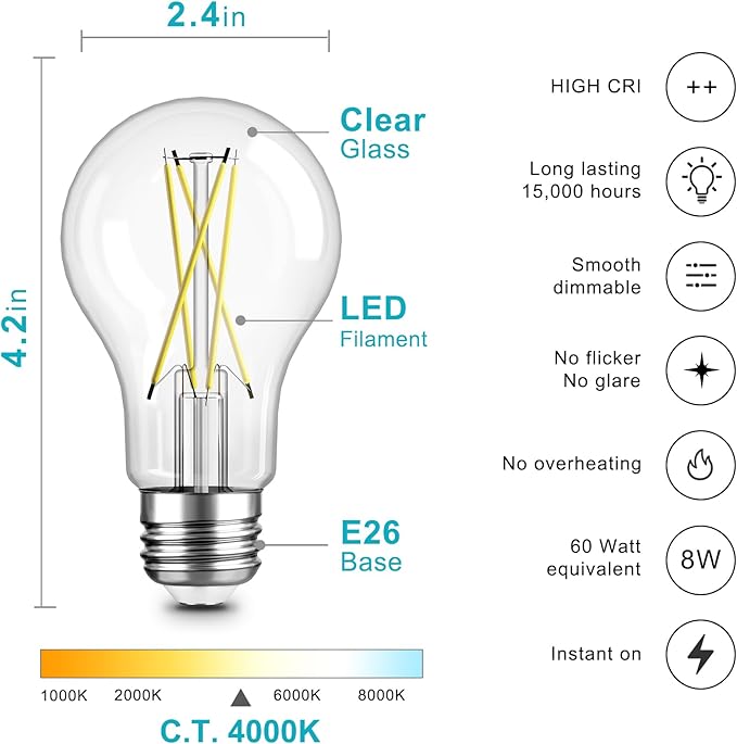 TJOY 12 Pack A19 Vintage LED Edison Bulbs, Dimmable, 60W Equivalent, High Brightness 4000K Natural White, 8W E26 Standard Base, 800 Lumens, CRI80+, Clear Glass Filament Bulb for Home, Farmhouse