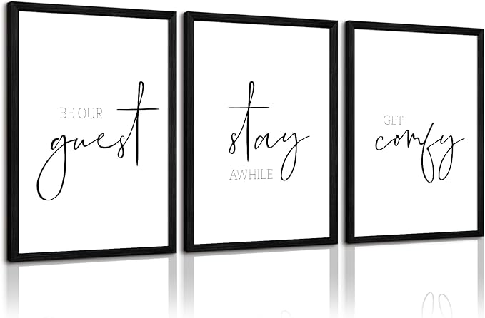 Be Our Guest Wall Decor Guest Room Wall Art Decor Stay Awhile Signs for Home Decor Minimalist Wall Art Over The Bed Sign Guest Bedroom Wall Decor Canvas Painting 16x24 Inch Wood Framed Set of 3