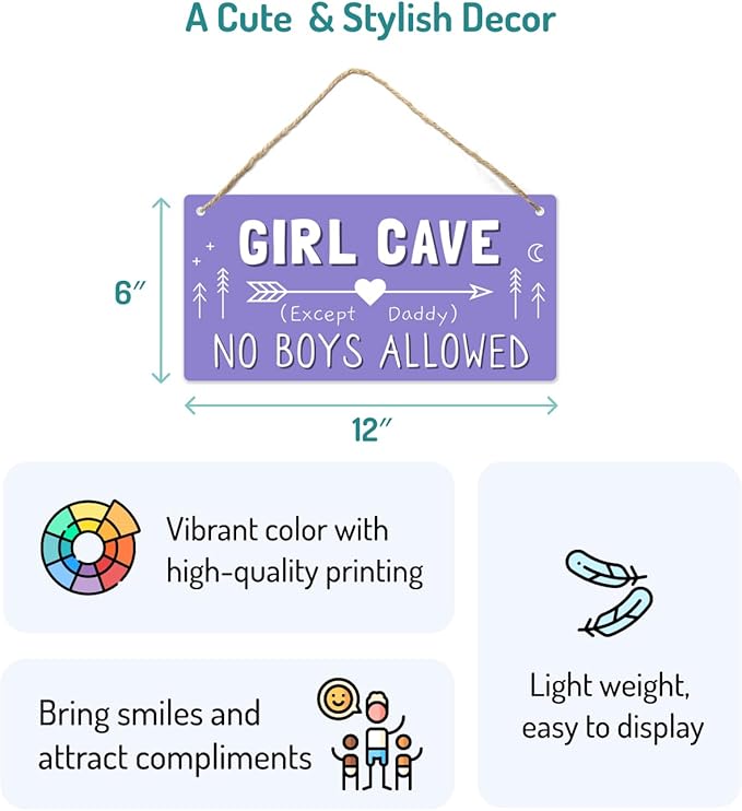 Girl Cave Sign, 12″x6″ PVC Plastic Wall Decoration Hanging Sign, High Precision Printing, Water Proof, Girls Only Room Decor, No Boys Allowed Except Daddy for Girls Bedroom