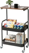 3-Tier Metal Rolling Cart with Walnut-Textured Table Top,Utility Cart with Wheels for Bedside, Living Room, Kitchen,Office & Bathroom Storage
