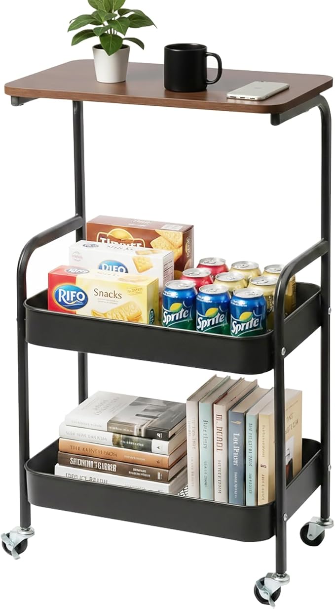 3-Tier Metal Rolling Cart with Walnut-Textured Table Top,Utility Cart with Wheels for Bedside, Living Room, Kitchen,Office & Bathroom Storage