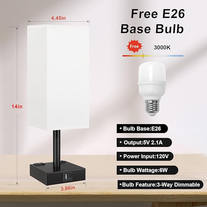 Touch Bedside Table Lamp for Nightstand - 3-Way Dimmable Night Lamp with USB A + Type C Charging Ports and Two AC Outlets, Small Desk Light with E26 LED Bulb for Bedroom Living Room,White Black