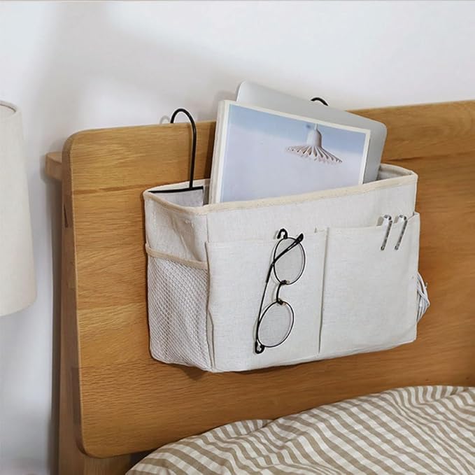 Bedside Hanging Bag,Bedside Organiser,Bedside Pocket, Bedside Hanging Storage Bag Caddy Pocket Nightstand Organizer Basket White for Bunk Bed Dorm Rooms