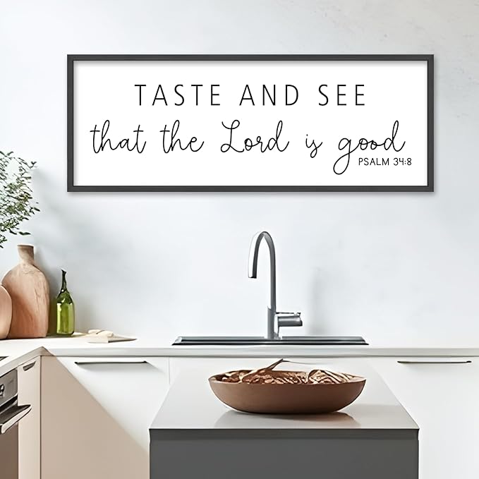 Oh Taste And See That The Lord Is Good Wall Decor 32"×12" Psalm 34:8 Bible Verse Scripture Sign Large Christian Dining Room Wall Hanging Art (Black)