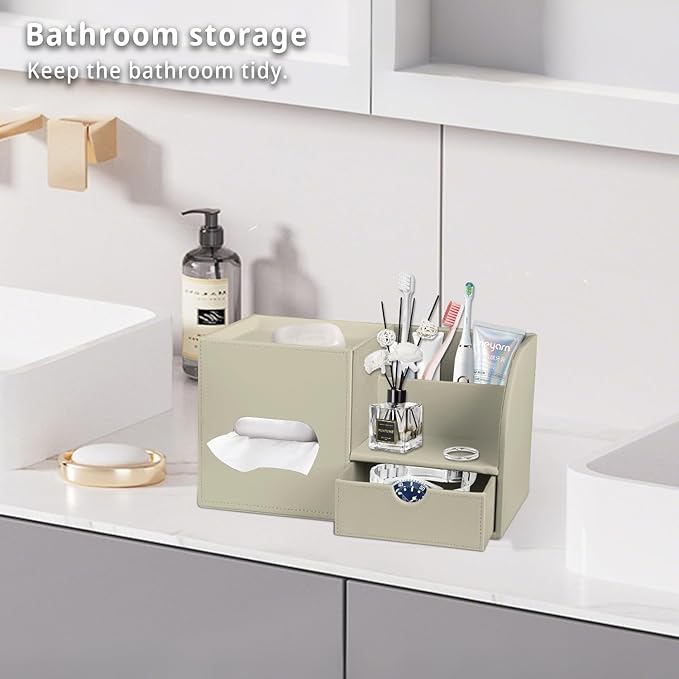 Square Tissue Box Cover with Tray and Organizer,Multi-Functional Decor Cube Tissue Box Holder,Tissue and Remote Control Holder for Vanity,Nightstand,Bathroom,Home,Office