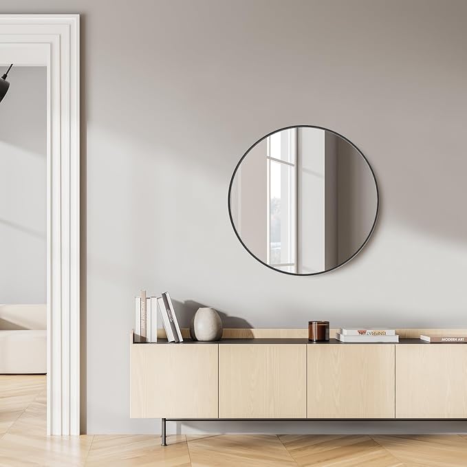 Sweetcrispy 24-inch Black Round Wall Mirror, Circle Bathroom Mirrors with Metal Frame, Wall-Mounted Mirrors for Living Room, Bathroom, Entryway