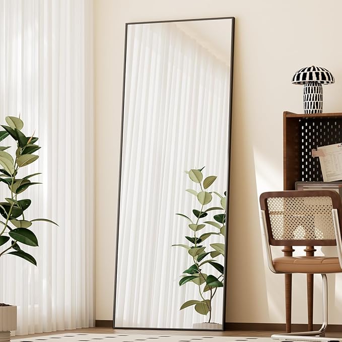 BEAUTYPEAK Full Length Mirror with Stand, 56"x21" Floor Mirror with Aluminum Alloy Thin Frame, ShatterVue Tempered Full Body Mirrors, Free Standing or Wall-Mounted Mirrors for Living Room, Black