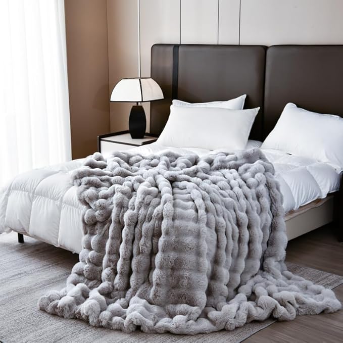 H&D Faux Fur Throw Blanket for Couch,Fluffy Cozy Soft Plush Luxury Thick Fuzzy Fleece Blanket for Couch Bed Sofa Bedroom Living Room,Comfy Bubble Blanket(Gray, Queen 80"x90")