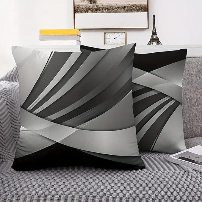 2pcs Modern Abstract Decorative Throw Pillow Cover, Black and Gray Geometric Pattern, Contemporary Home Decor Cushion Case，18x18 Pillows Linen Pillowcase