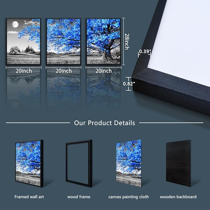 Black Framed Wall Art For Living Room Wall Decoration For Bedroom Black And White Wall Pictures Large Size Wall Decor Blue Tree Wall Painting Modern Home Decor 20"X28" Set Of 3 Piece Framed Art Prints