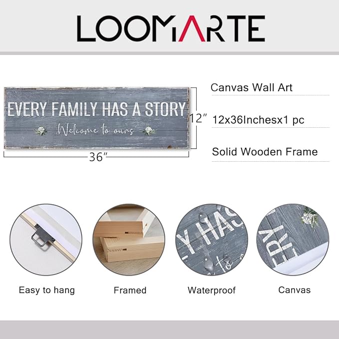 Farmhouse Inspirational Wall Art Every Family Has A Story Quote Saying Wall Plaque Sign Vintage Family Decorative Signs Home Decor Canvas Print Art for Bedroom, Living Room, Hallway, Entryway 12"x36"