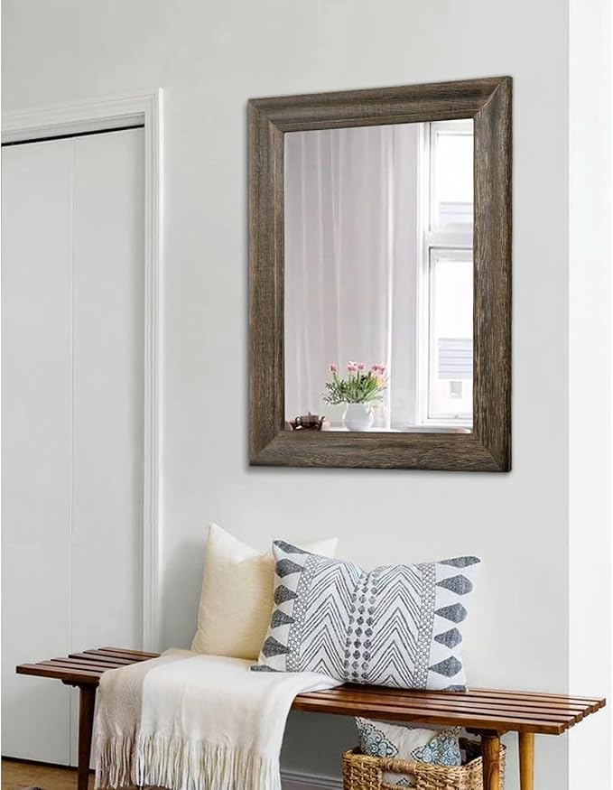 Retro Wall Mirror with Wood Framed Large Rectangle Hanging Mirrors 26"x18" Decorative for Bathroom Bedroom Living Room