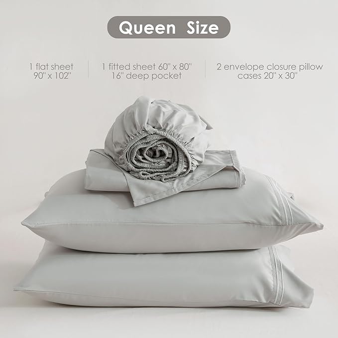 JSD Light Grey Queen Sheet Set with Side Pocket Corner Straps, 4 Piece Soft Microfiber Bed Sheets Extra Deep Pocket