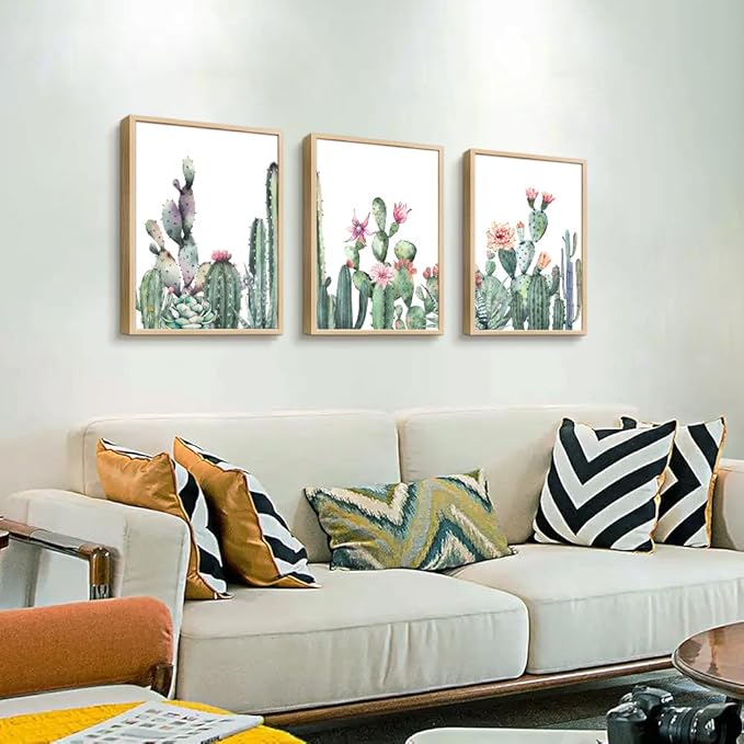 TTHYUEWS Wall Art For Living Room Wood Framed Wall Decor For Bedroom Canvas Framed Prints Art Green Succulent Cactus Wall Paintings Leaves Pictures Artwork Office Wall Art Kitchen Home Decoration