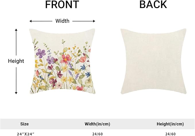 AEIOAE Spring Pillow Covers 24x24 Inch Set of 2, Colorful Wild Flower Leaves Plant Throw Pillows Case,Seasonal Floral Outdoor Decorative Farmhouse Decor Cushion Covers for Home Sofa Bed Couch