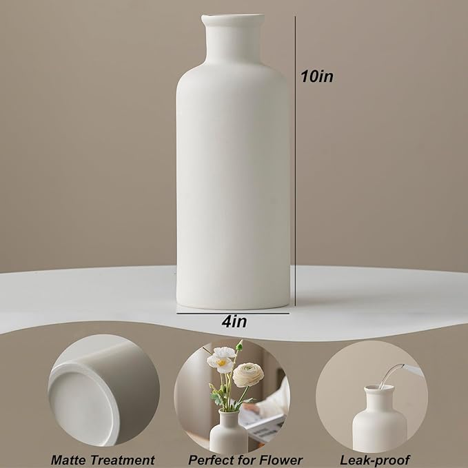 White Ribbed Ceramic Vase for Flowers, Modern Textured Decorative Vase, 10 Inch Tall, Farmhouse Style Home Decor (Nature White)