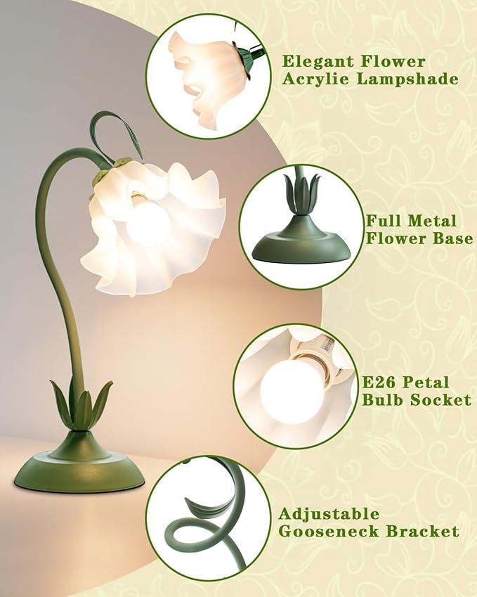 Flower Table Lamp, LED Reading Light Vintage Bedside Table Lamp with 3 Color Modes for Nightstand, Kawaii Decoration for Home Bedroom Living Room (Green)