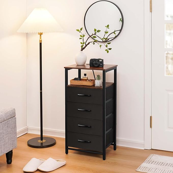 Yoobure Night Stand - LED Nightstand with Charging Station, Tall Dresser for Bedroom, Bedside Table with 4 Fabric Storage Drawers and Storage Shelf, End Table with USB Ports and Outlets