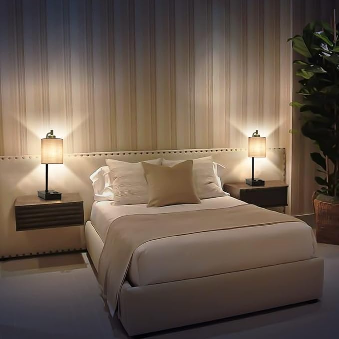 2-Pack Touch Bedside Lamps - 3-Way Dimmable with USB A+C & AC Outlet, 2700K Warm White LED Table Lamps for Bedroom/Living Room/Office, White Linen Shade (Include 2 Bulbs)