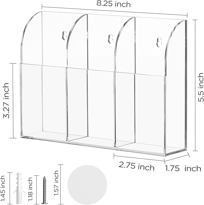 HBlife Acrylic Remote Holder Organizer, Clear TV Remote Control Wall Mount Caddy for Bedside, Media Organizer Storage Box with 3 Compartments