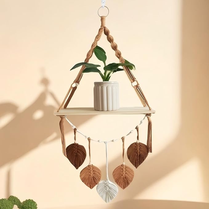 Boho Floating Shelves for Wall Decor with Macrame Leaf - No Drilling Wooden Wall Shelves, Natural Finish - Decorative Storage Shelf for Bedroom, Living Room (Brown)