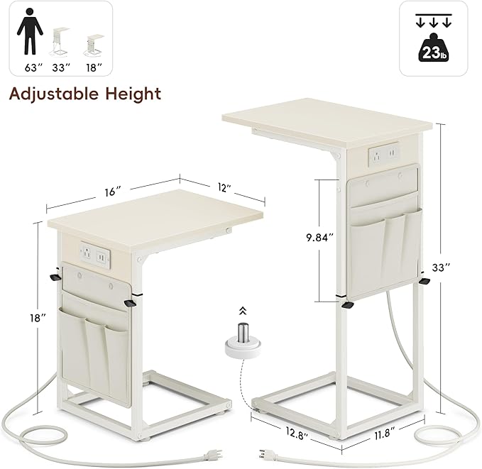 Vagusicc C Shaped End Table with Charging Station, Adjustable Height Side Table for Couch, Small Sofa Table C Table End Table, Slide Under Couch Table TV Tray Arm Table for Living Room, Bedroom, Cream