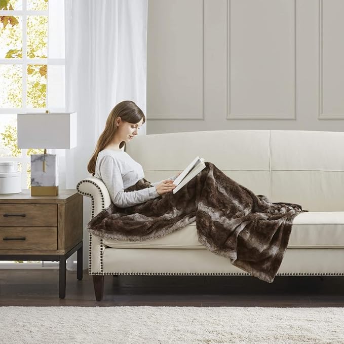 Madison Park Zuri Soft Plush Luxury Oversized Faux Fur Throw Animal Stripes Design, Faux Mink On The Reverse, Modern All Seasons Blanket for Bed, Sofa Couch, Office, Brown, 60x70"