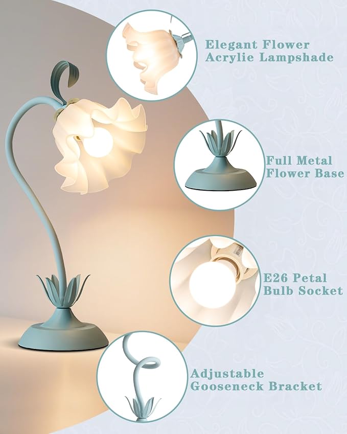 Flower Table Lamp, LED Reading Light Vintage Bedside Table Lamp with 3 Color Modes for Nightstand, Kawaii Decoration for Home Bedroom Living Room (Blue)