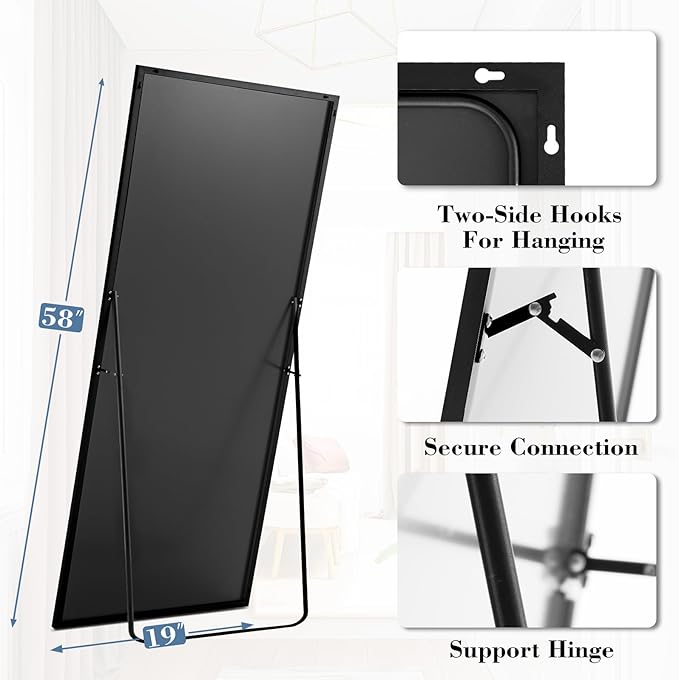 Mirror Full Length, Upgraded Body Wall Mirrors with Shatter-Proof Glass, Floor Standing, Hanging or Leaning, Tall Mirror with Stand Aluminum Alloy Frame for Bedroom