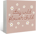 Lacama Pink Boho Girl Nursery Wooden Box Sign, Stay Wild Flower Child Decorations Wood Block Signs, Retro Boho Nursery Wood Sign for Girls Room Bedroom Desk Shelf Wall Decor 5x5 Inches