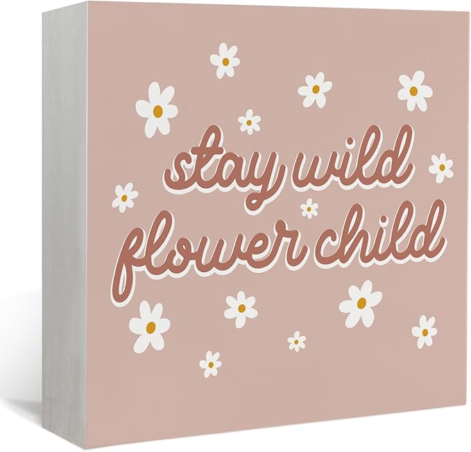 Lacama Pink Boho Girl Nursery Wooden Box Sign, Stay Wild Flower Child Decorations Wood Block Signs, Retro Boho Nursery Wood Sign for Girls Room Bedroom Desk Shelf Wall Decor 5x5 Inches