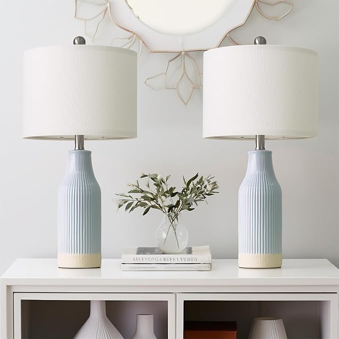 23.75inch Light Blue Modern Ceramic Bedside Lamp Set of 2 with 5FT Cord for Bedroom Decor Farmhouse Table Lamp for Living Room Office Dorm
