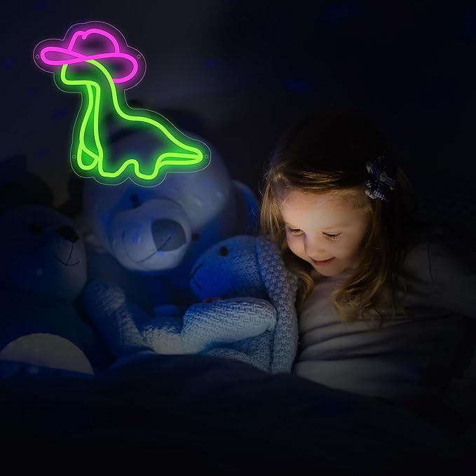 Dinosaur Neon Sign, Cowgirl Dinosaur Led Signs for Wall Decor, Dimmable Neon Light Sign for Girls Room, Bedroom, Game Room, Kids Room, Bar Decoration, USB Powered Light Up Neon Signs