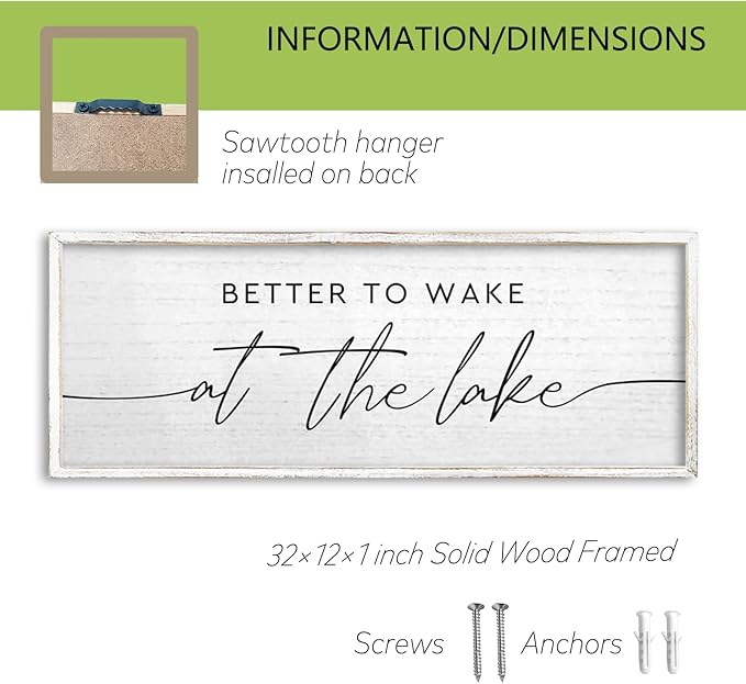TQianJiang Lake House Decor Better To Wake At The Lake Sign 32"×12" for Bedroom Above Over Bed Large Country Home Cabin Farmhouse Rustic Quote Wood Framed Wall Hanging Art (White)