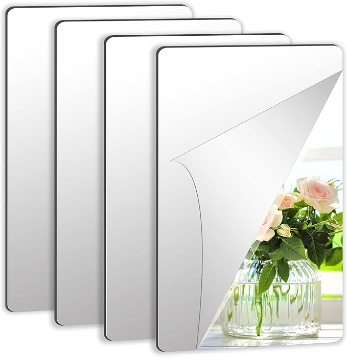 JUNEBRUSHS 4 Pack Self Adhesive Acrylic Mirror, 6X 9 Inch Mirror Tiles,Flexible Plastic Mirrors Sheets Wall Stickers,2MM Thick Mirrors,Frameless Small Mirror