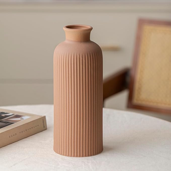 Coffee Ribbed Ceramic Vase for Flowers, Large Modern Textured Decorative Vase, 10 Inch Tall, Farmhouse Style Home Decor (Coffee)
