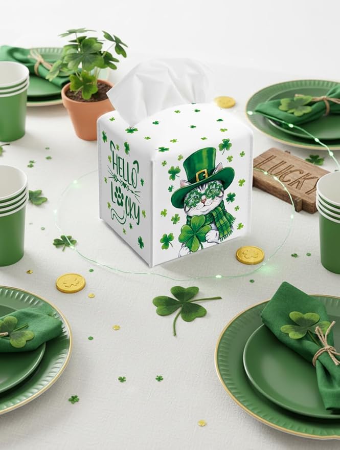 St.Patrick's Day Napkin Tissue Box Cover, Cat Shamrock Waterproof Leather Paper Organizer Dispenser for Table Dining, Bathroom, Nightstand Vanity, Car, Housewarming Gift Ideas, A