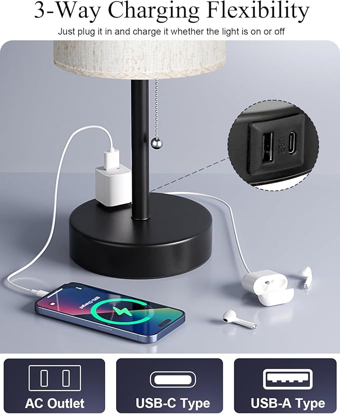 Fenmzee Plus Bedside Table Lamps Set of 2-3 Color Temperatures Pull Chain Lamp with AC Outlet Charging Port, Round Night Stand Lamps for Bedroom Guest Room Office, Bed Side Light with E26 LED Bulbs